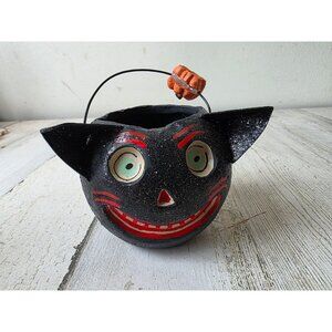 Vintage paper mache cat basket Halloween decor shabby‎ chic glitter